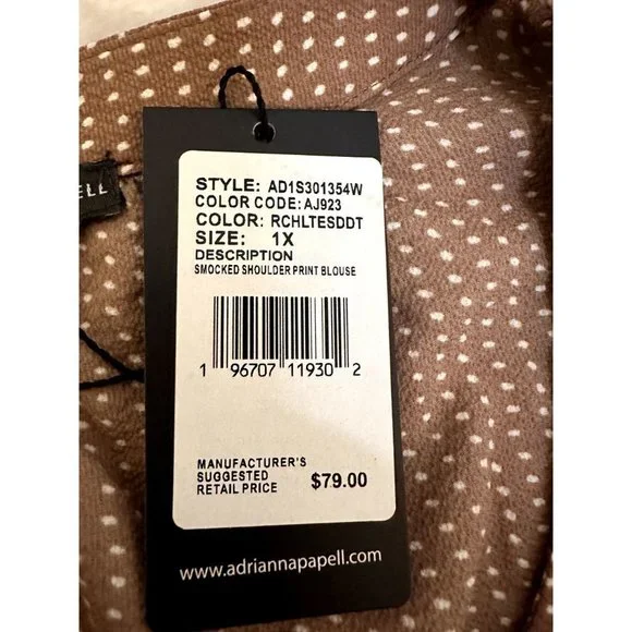 $78 NWT Adrianna Papell Plus Size 1x Brown Cream Polka Dot Short Sleeve Blouse - Picture 9 of 14